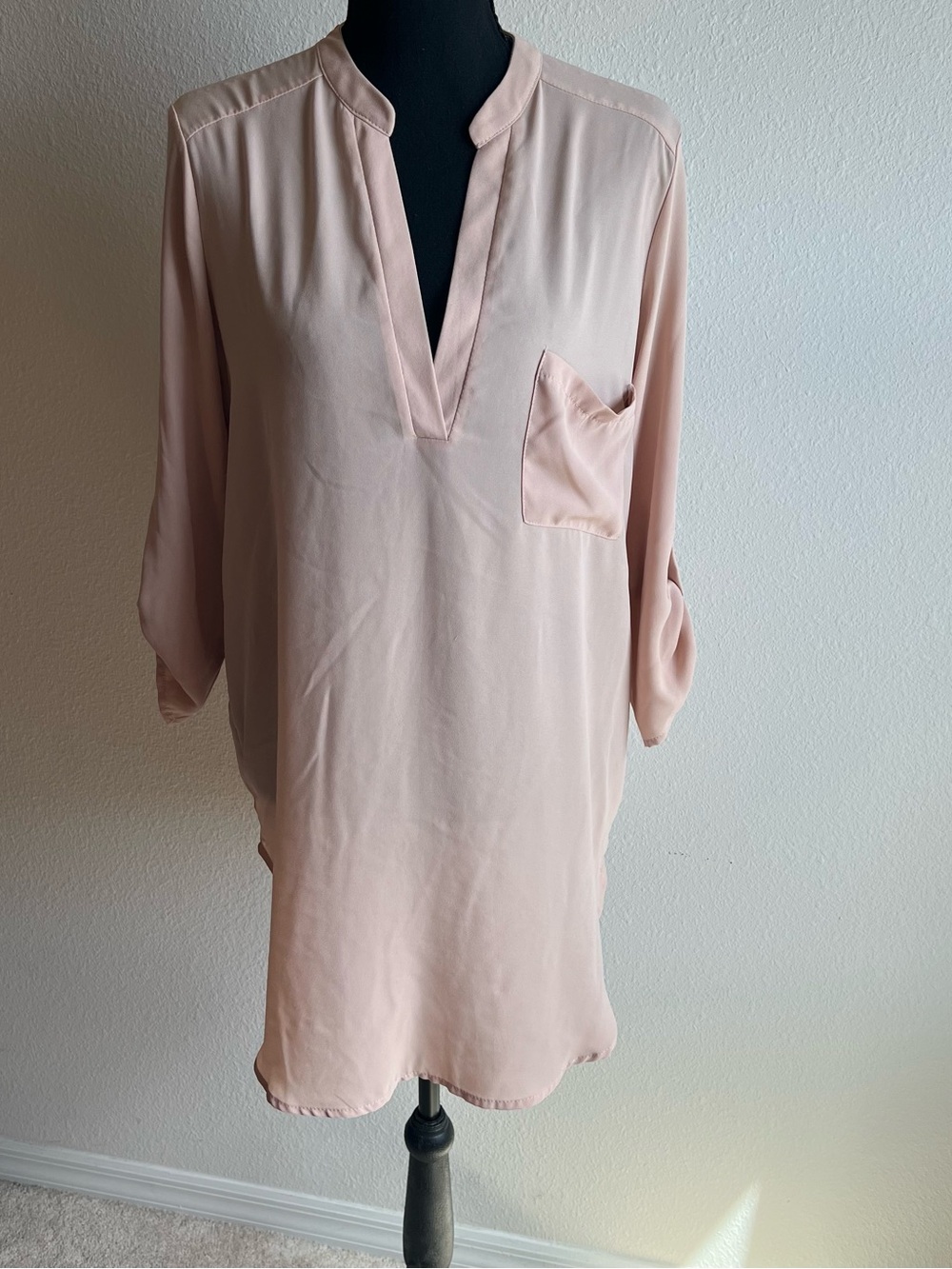 Lush Perfect Roll Tab Sleeve Tunic Split Collar V Neck